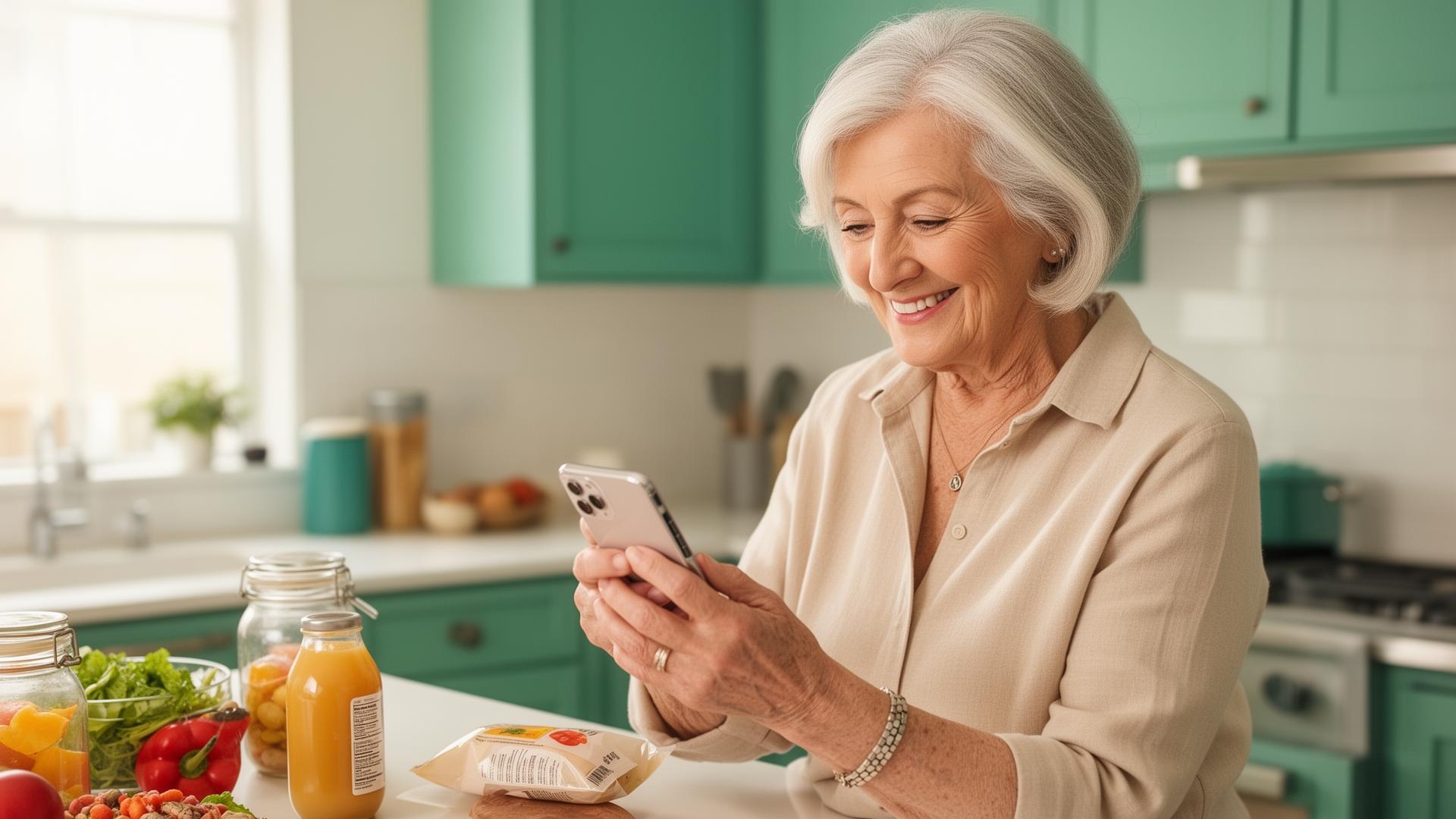 Senior woman smiling while scanning food with HealthHarms AI on her phone
